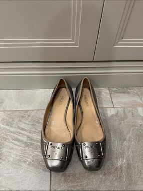Prada Metallic Silver Leather Ballet Flats with Studded Toe